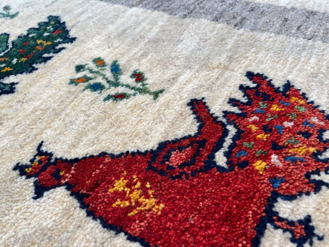 【キャンペーン】ペルシャ　ギャッベ　174×120　アイボリー　ベージュ　孔雀