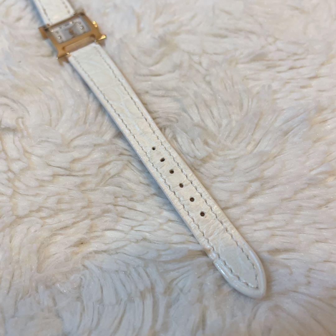 【美品】エルメス Hウォッチ ミニ 11ダイヤ クロコベルト ホワイト