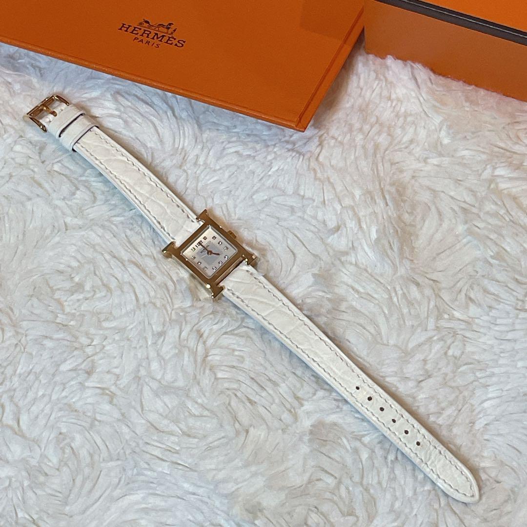 【美品】エルメス Hウォッチ ミニ 11ダイヤ クロコベルト ホワイト