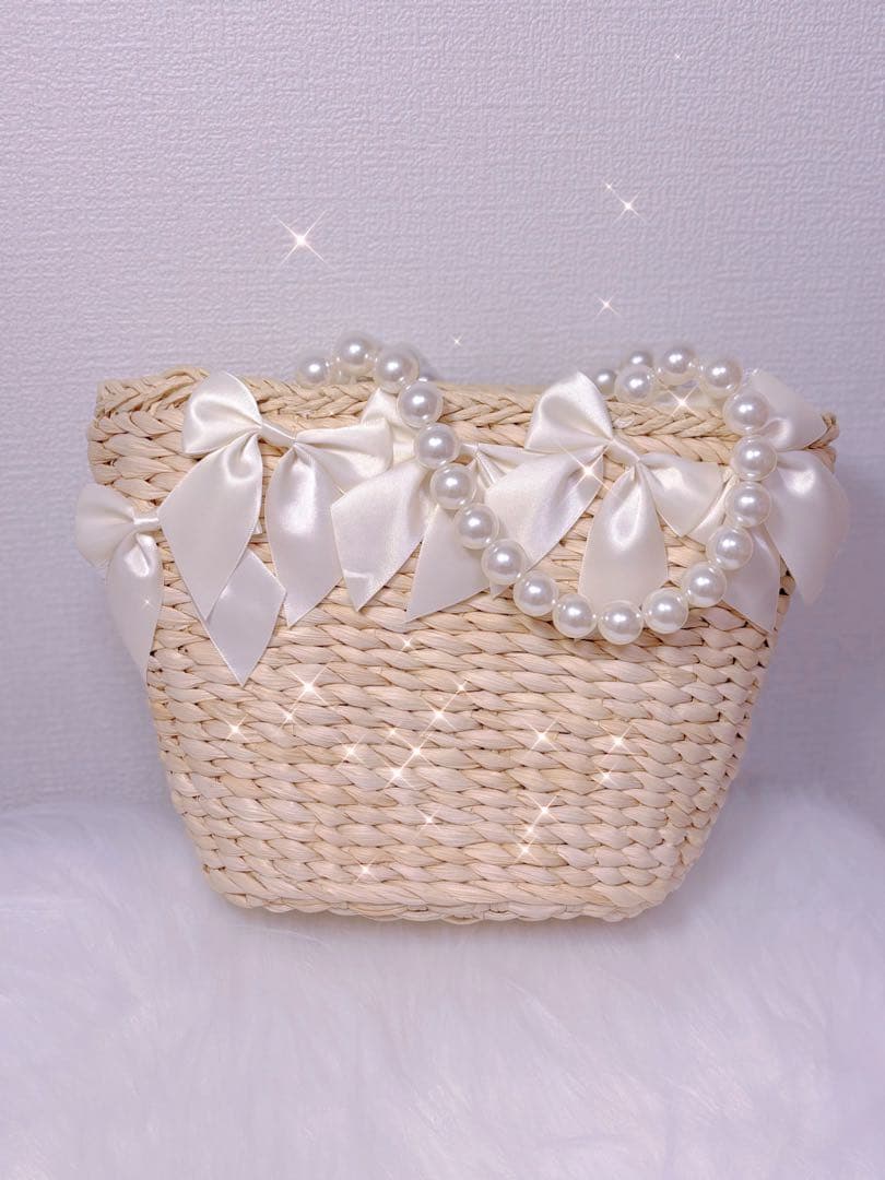 Maison de FLEUR パールハンドルメイズリボンカゴバッグ　アイボリー
