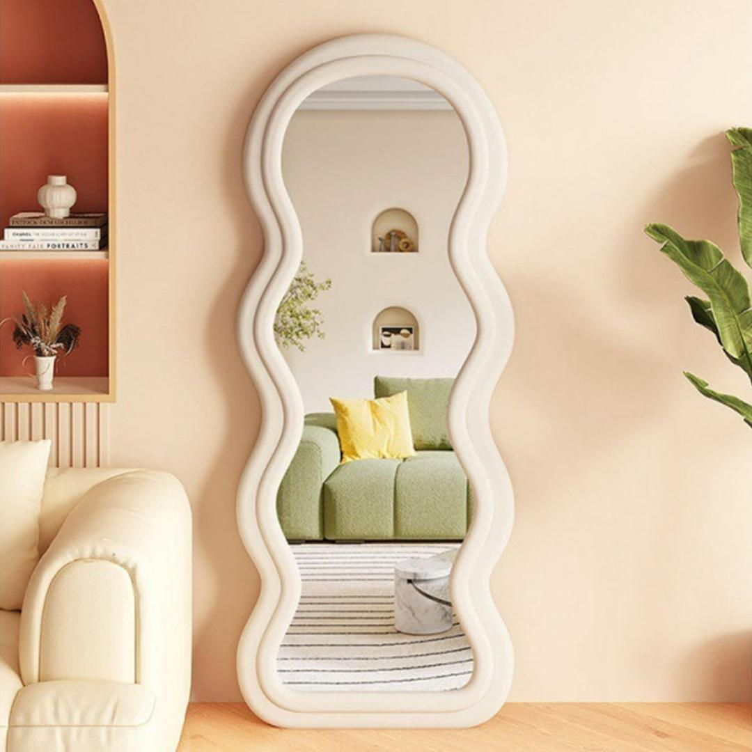 立てかけ ビロード鏡 全身鏡 ベルベット生地フレーム160x60cm（ホワイト）