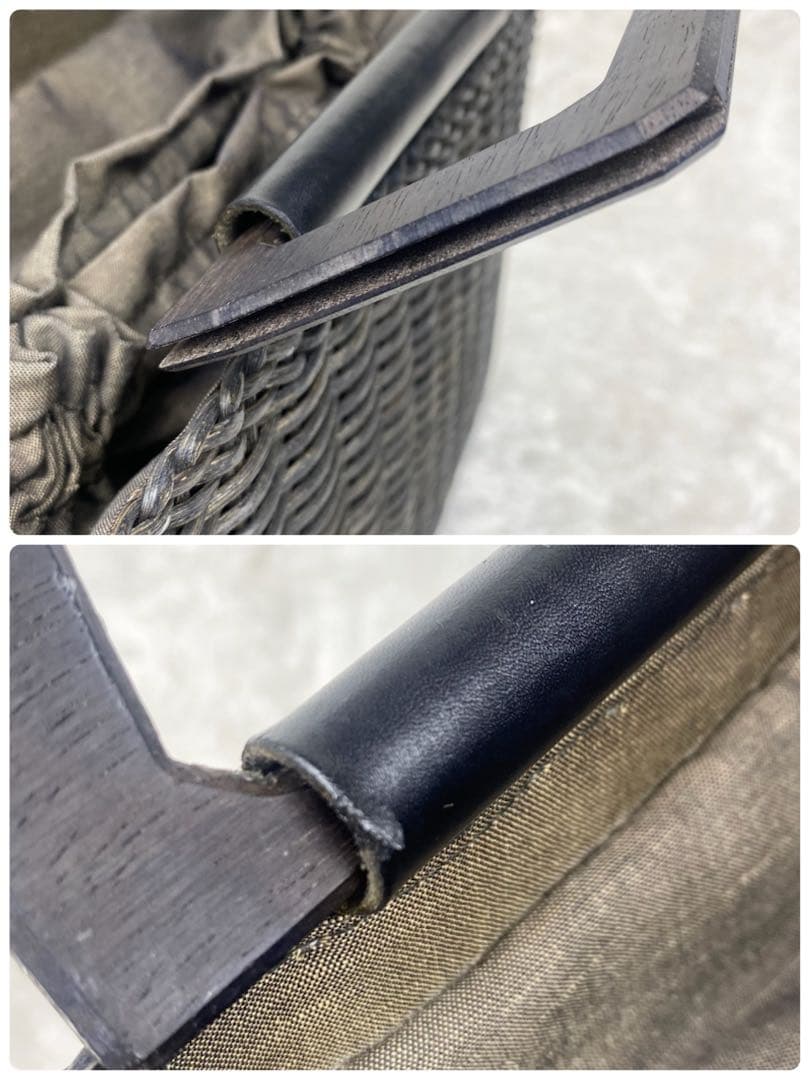 【希少✨良品】サルヴァトーレフェラガモ　ラタン　かごバッグ　巾着　黒　レザー　籐