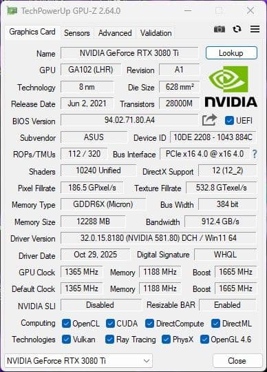 【中古】ASUS GeForce RTX3080Ti 動作確認済み