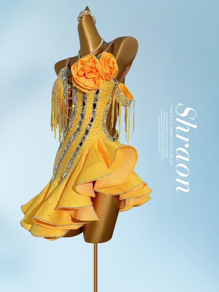 ラテンドレス 高級競技用 ワンショルダー フリル ワンピース ステージ衣 競技会