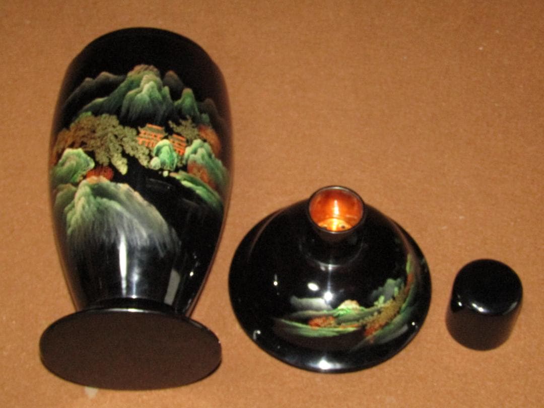 【中国漆器　山水図蒔絵　洋酒器揃　リキュールグラス・シェーカー・トレイ】未使用品