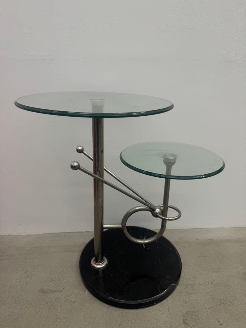 サイドテーブル ガラス ラウンド 丸 2段 ミッドセンチュリー ポストモダン