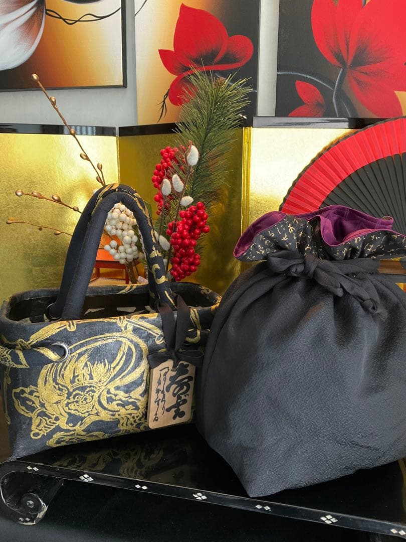 一閑張り　一閑張りバッグ　風神雷神　古文書　和紙　竹籠　籠バッグ　着物　金　黒