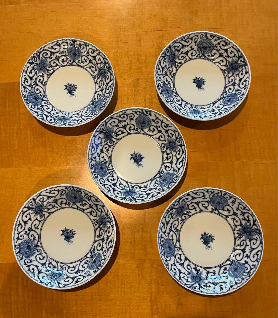 九谷焼　山本長左　小皿　菊型　唐草文　5枚