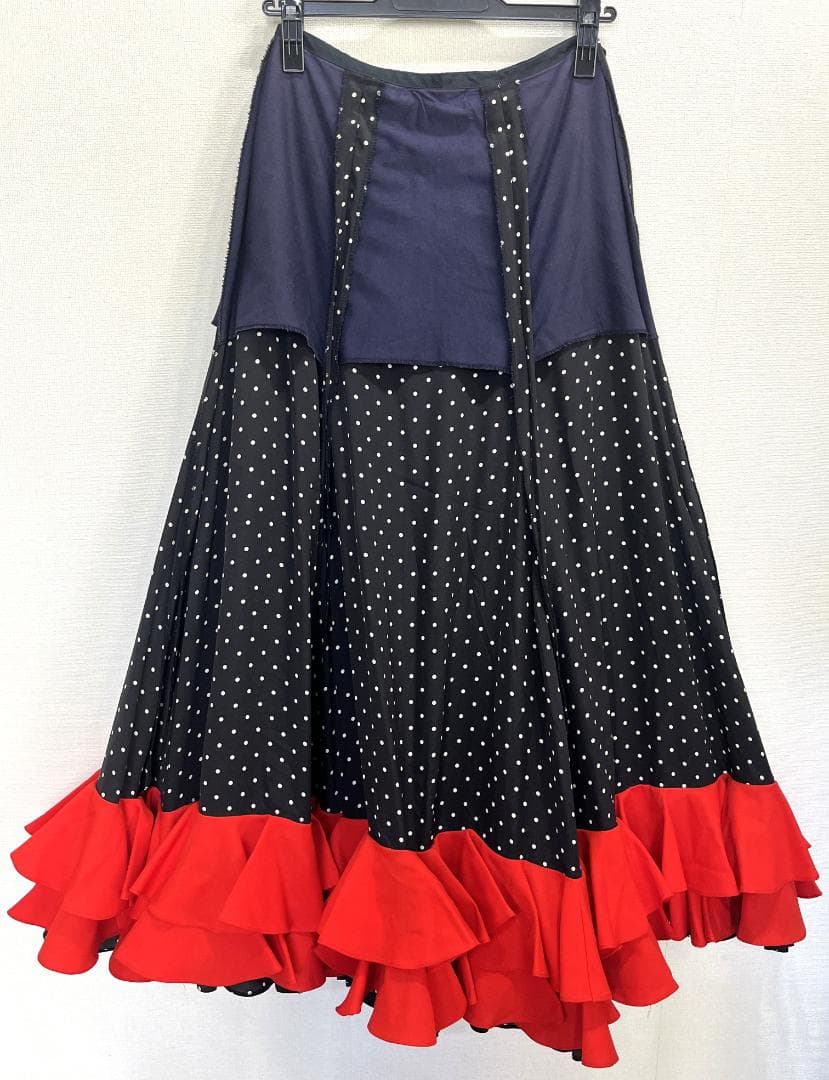 フラメンコ衣装 ツーピース ブラック×ホワイト水玉 レッドフリル
