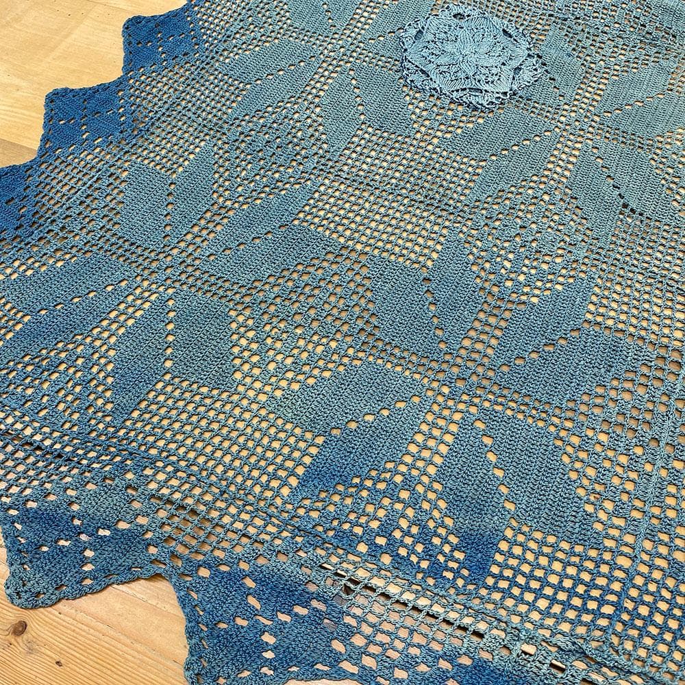 希少 特大 アンティーク ヴィンテージ 藍染め レース クロス カバー フランス