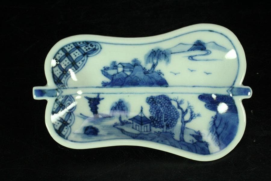 三浦竹泉作 青花山水 団扇形 皿 揃い 大小五客(K-XA885)