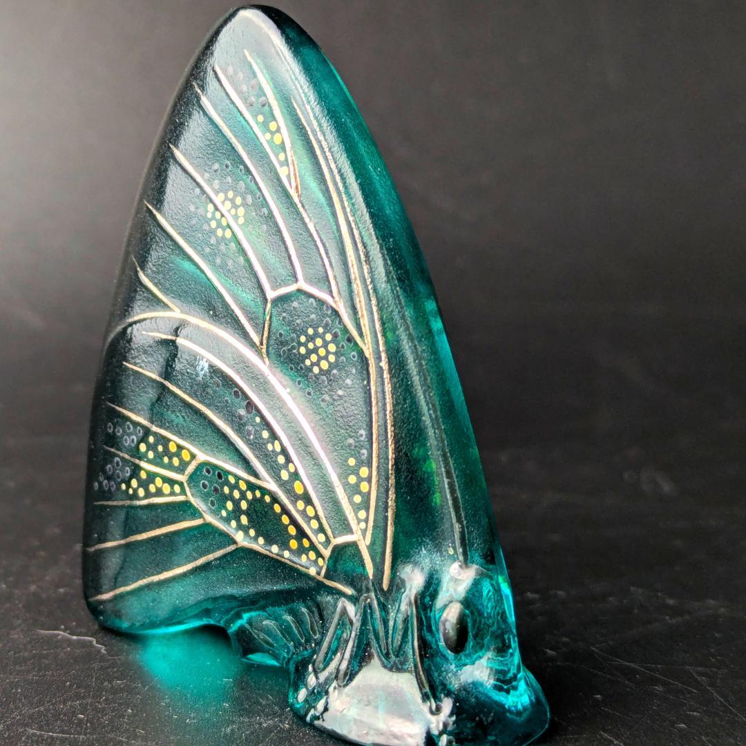 卓上芸術 ラリック 青ガラス彩色 パピヨン蝶オブジェ入手至難　精密エナメル