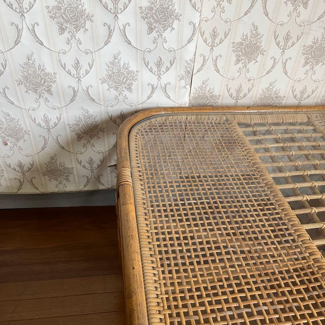 【アンティーク】籐 ラタン ガラスローテーブル センターテーブル 古民家 古家具