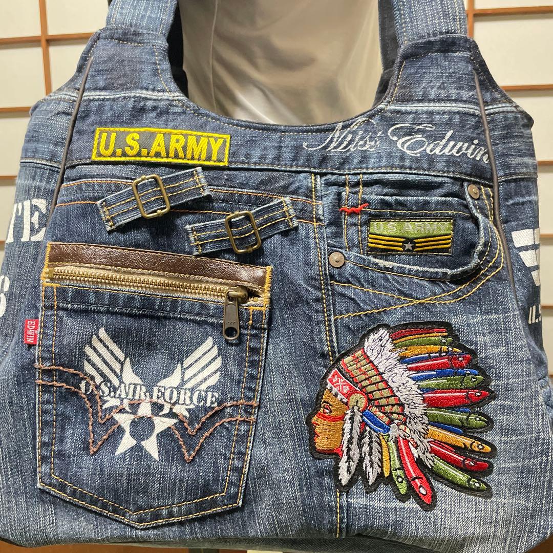 No. 505 デニムリメイクバッグ　トートバッグ　インディアン　ルート66