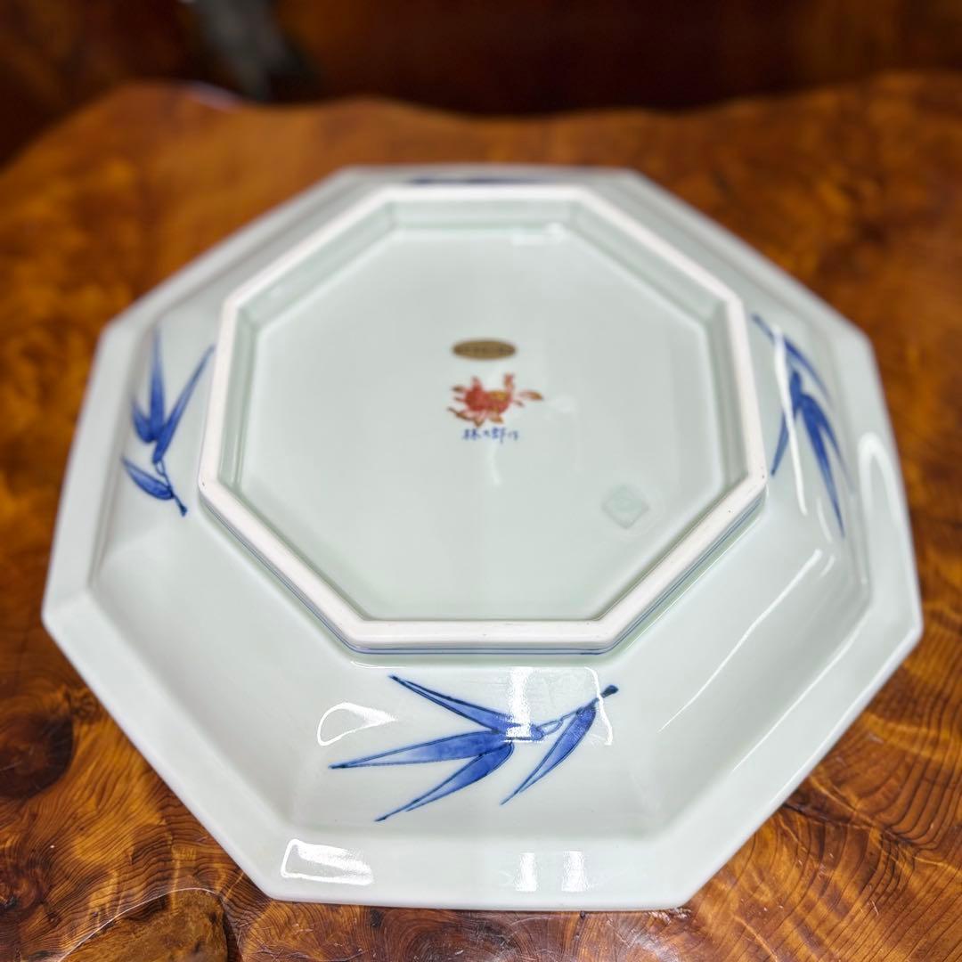 有田焼　波佐見焼　林九郎作　金彩松竹梅 鯉 狛犬絵　八角盛皿　飾り皿　美術品