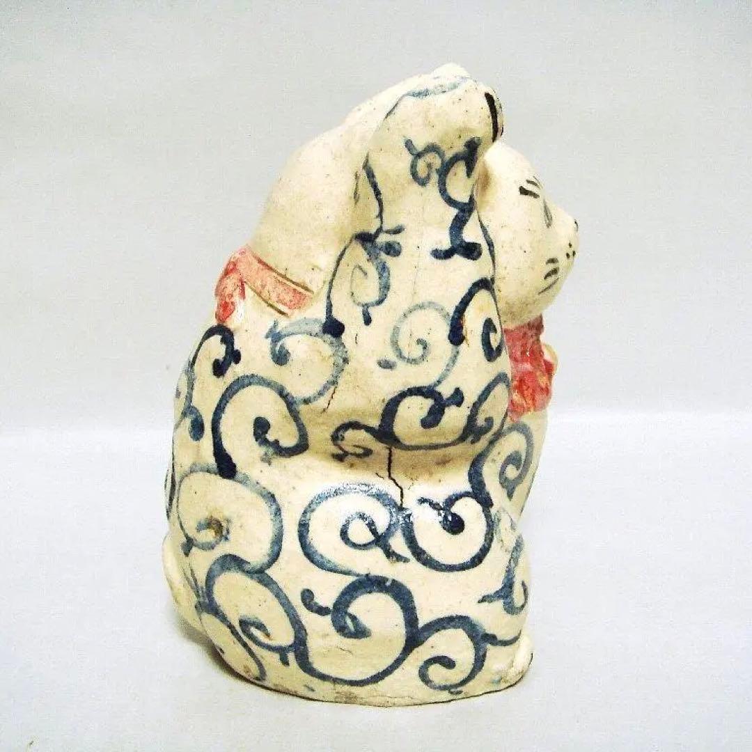 923『青い唐草文 招き猫』陶器　/骨董品 古美術 アンティーク 古玩