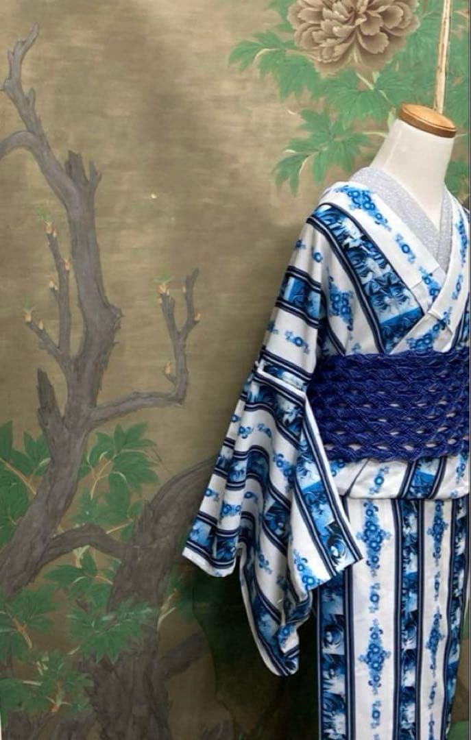 人とかぶりませんセオα アニメマリンブルーストライプ　浴衣　おまかせ帯プレゼント