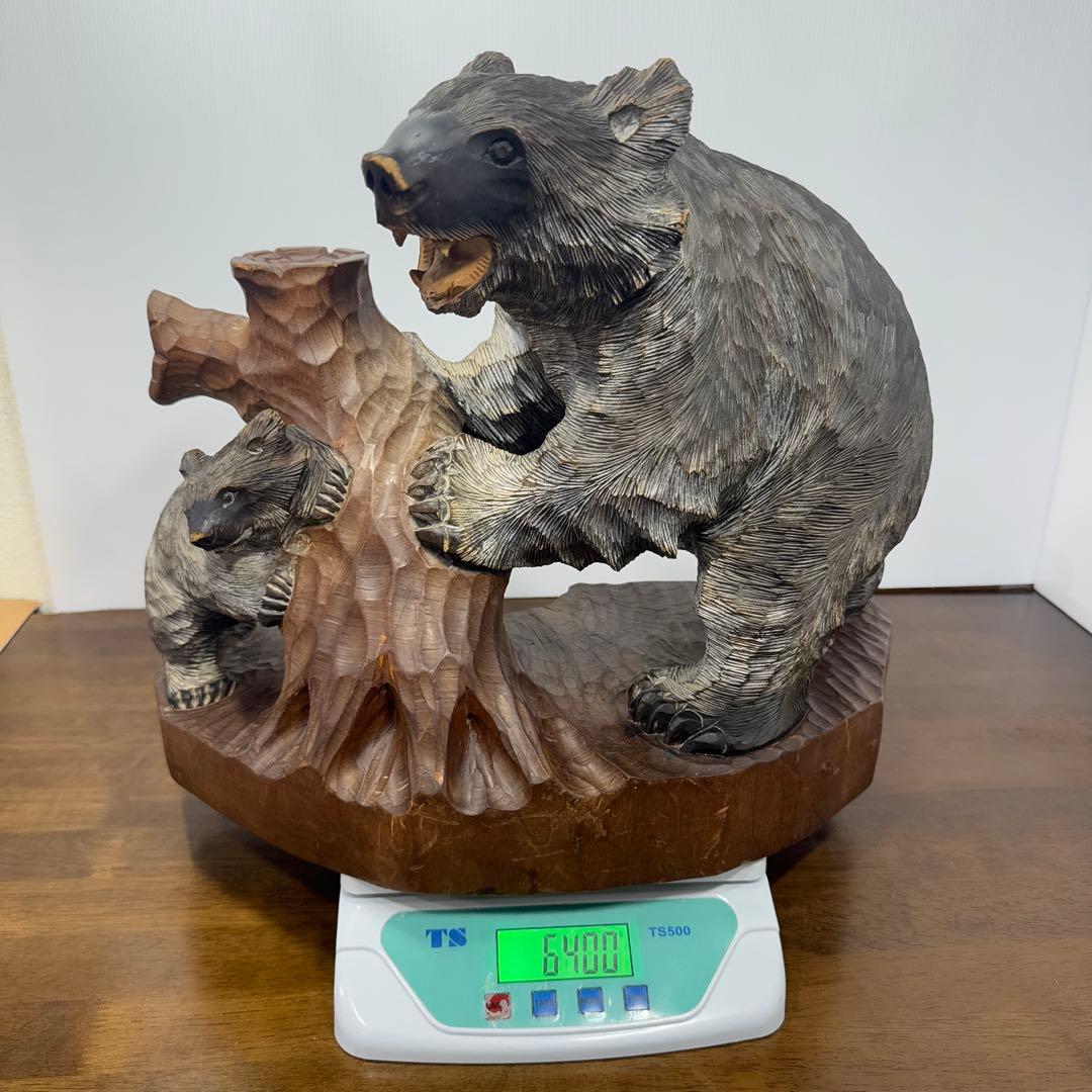 【希少】 木彫り 熊 親子 置物 1991年 当時物 北海道 阿寒湖 工芸品