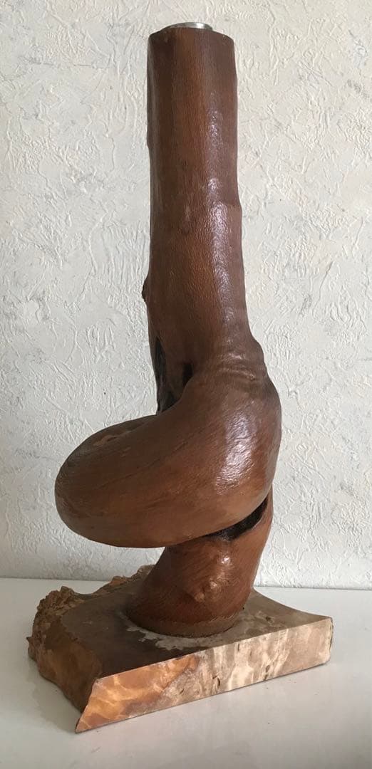 骨董品　天然木台付きくりぬき花瓶　木製抽象花器 高さ約30cm