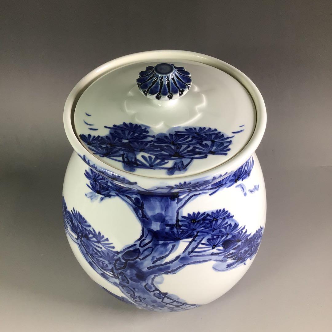 Ｒ５０５　水指　『篠田義一造』『染付松絵』　共箱　茶道具