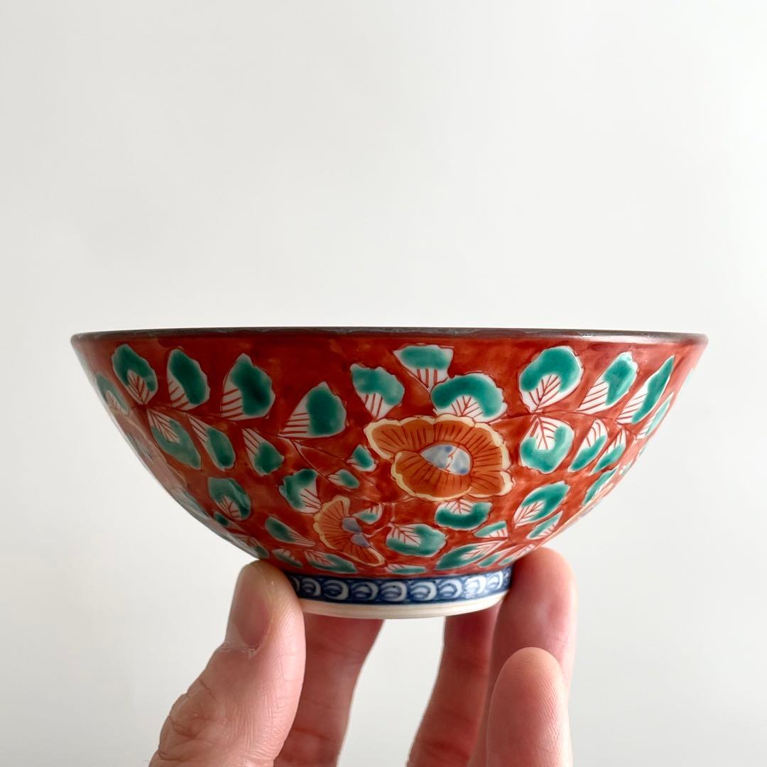 未使用 清水焼 山本壹楽 赤濃牡丹唐草 組飯碗 飯茶碗 壹楽窯 平安壹楽 京焼