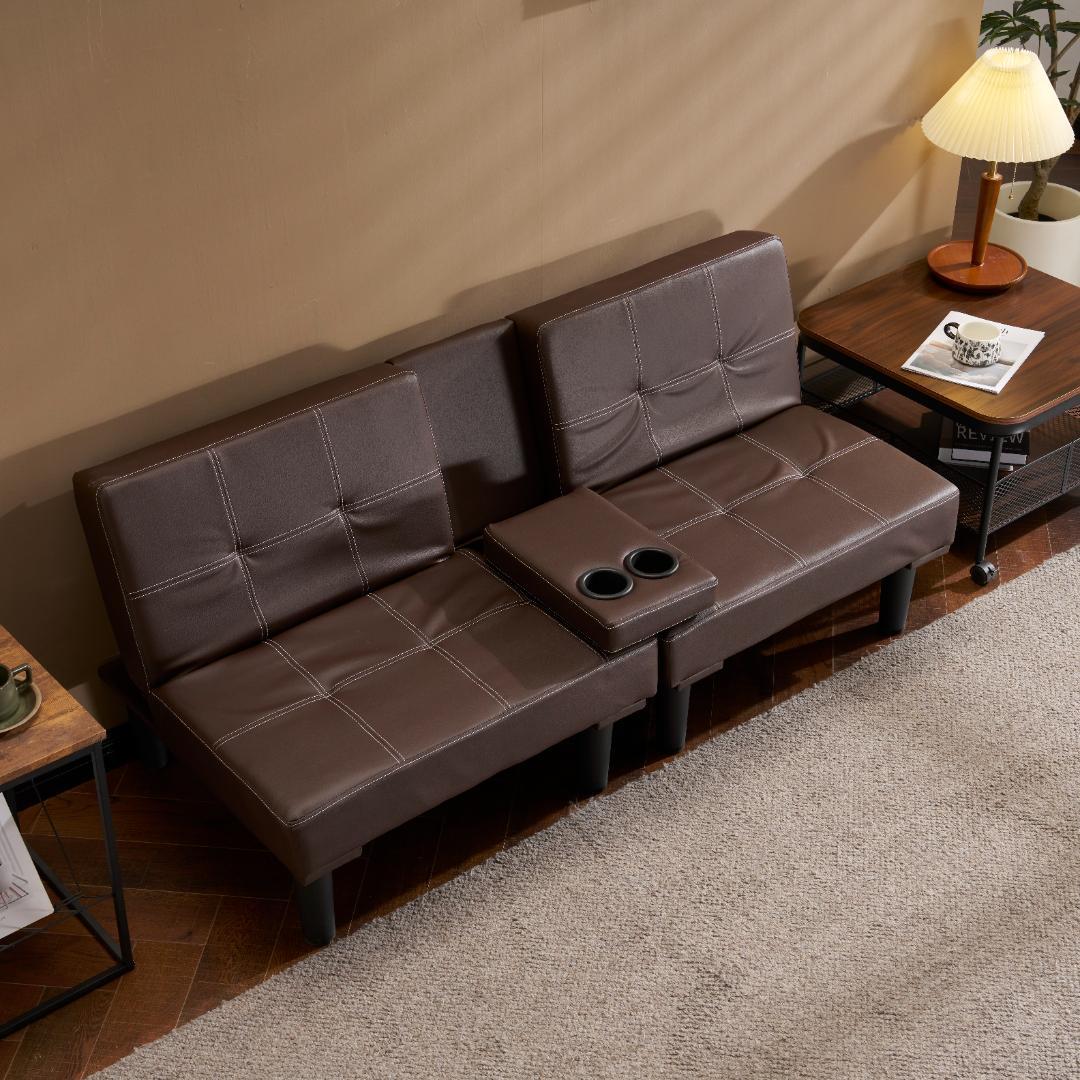 超人気！ソファベッド ソファ ベッド カップホルダー付き 組立て簡単 BROWN