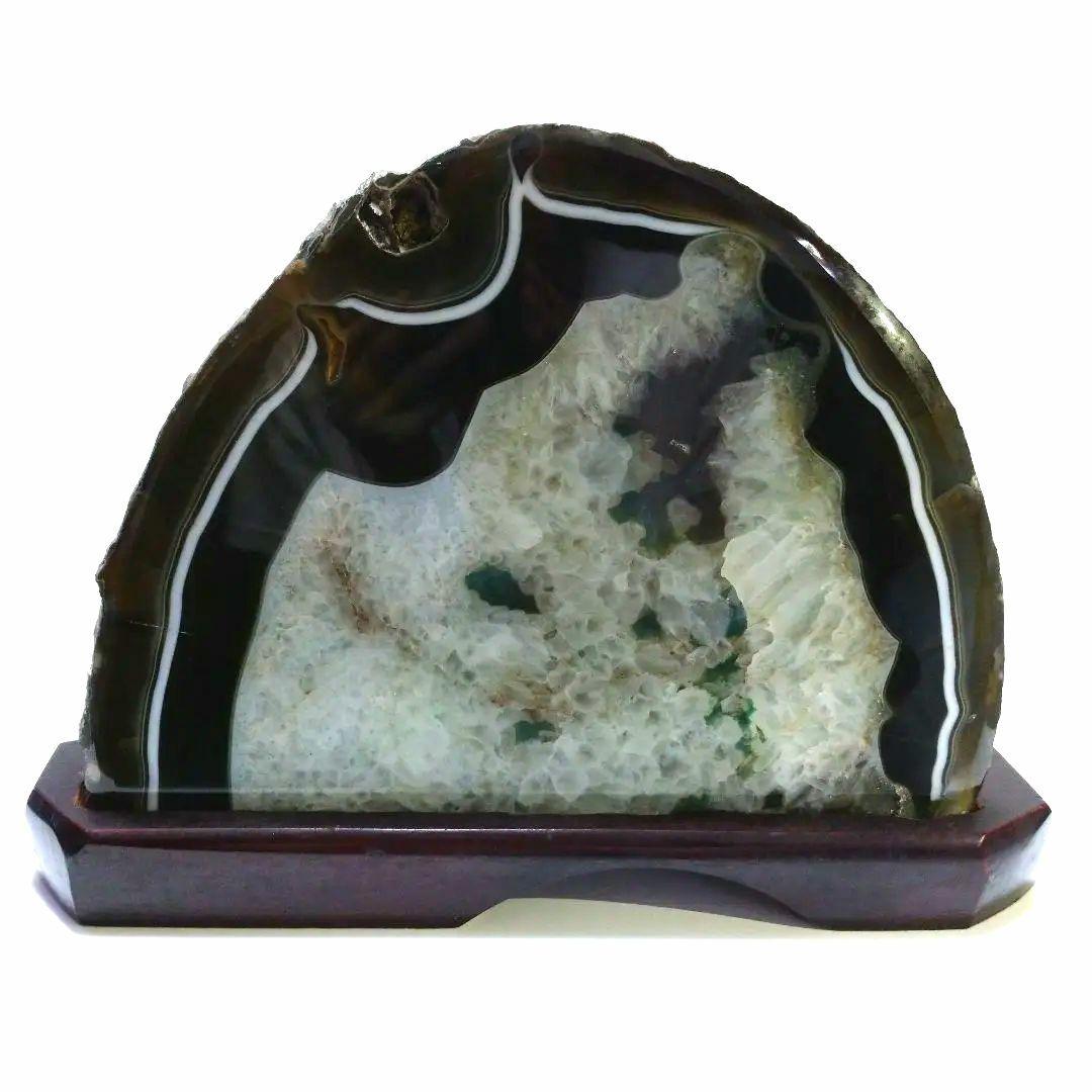 天然石の置物 半円形 木製台座付き