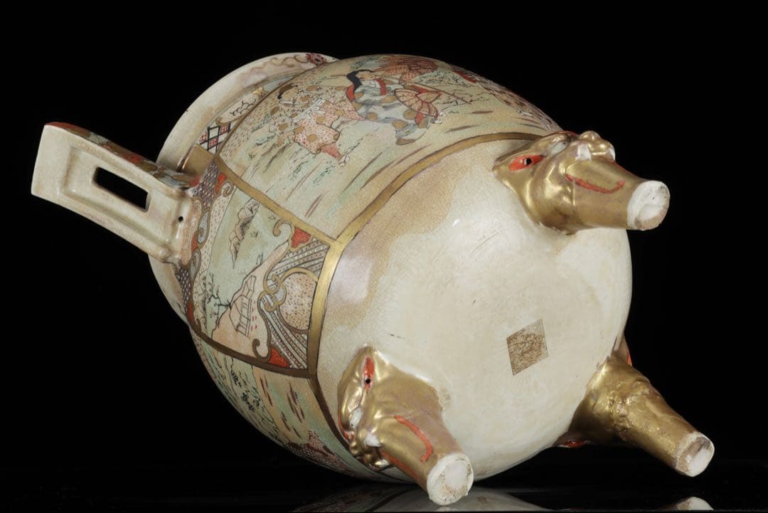 薩摩焼 金襴手金彩色絵 武者人物図 獅子摘三足大香炉 62㎝ 共箱 古美術 骨董