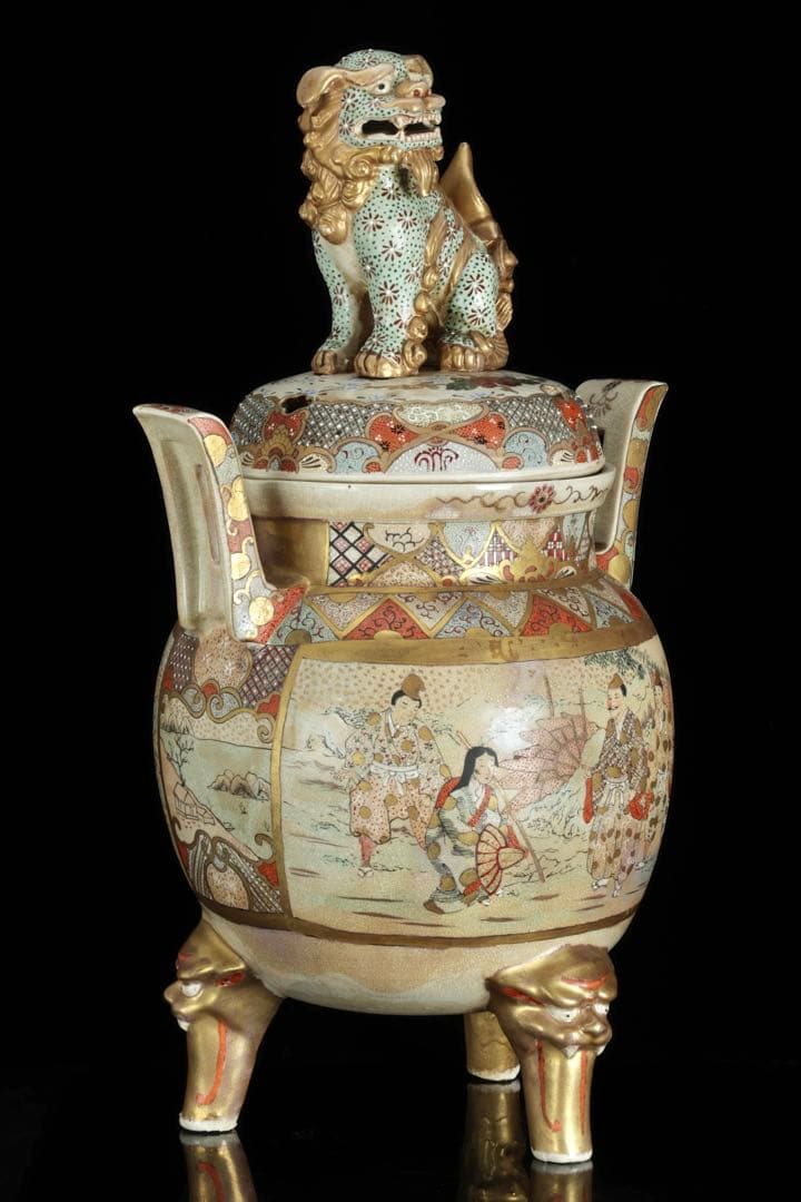薩摩焼 金襴手金彩色絵 武者人物図 獅子摘三足大香炉 62㎝ 共箱 古美術 骨董
