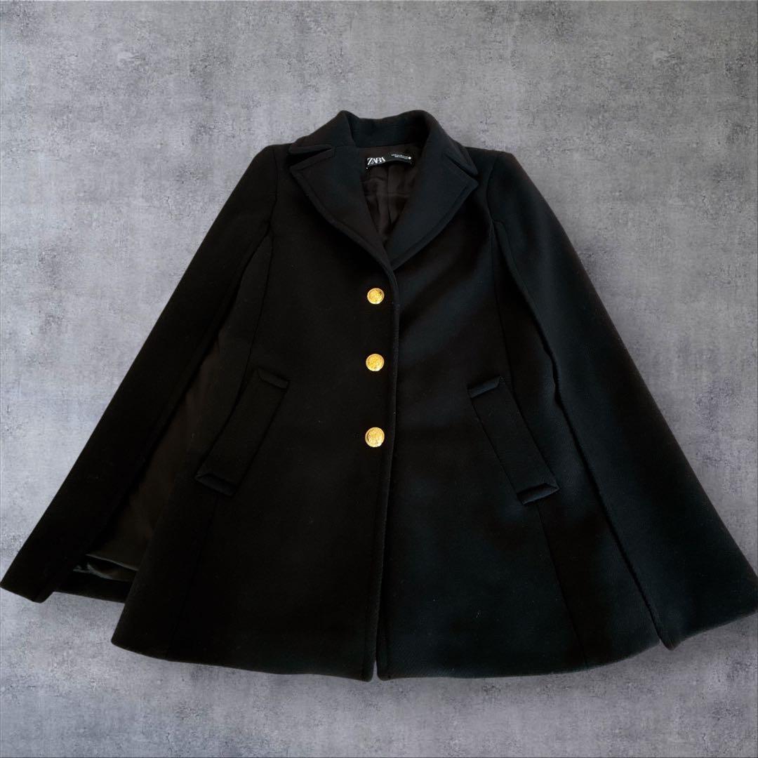 【ザラ】ケープコート　ポンチョ　金ボタン　マンテコ　ウール　完売品　黒　S〜M
