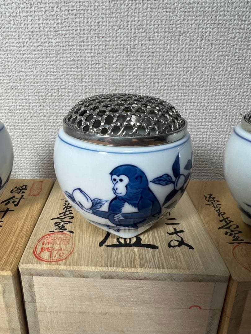 408 源右衛門　染付十二支　香炉　酉　戌　申　丑　4客　未使用