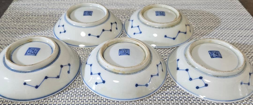 明治時代初期　古伊万里　染錦　狩猟の図　波文様　小皿　豆皿　手塩皿　5客