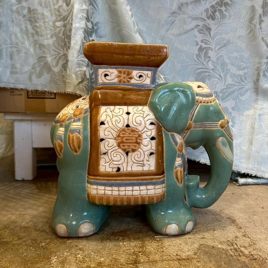 iΦ【2個セット】象 陶器製 置き物 花台 フラワースタンド オブジェ 鉢置き