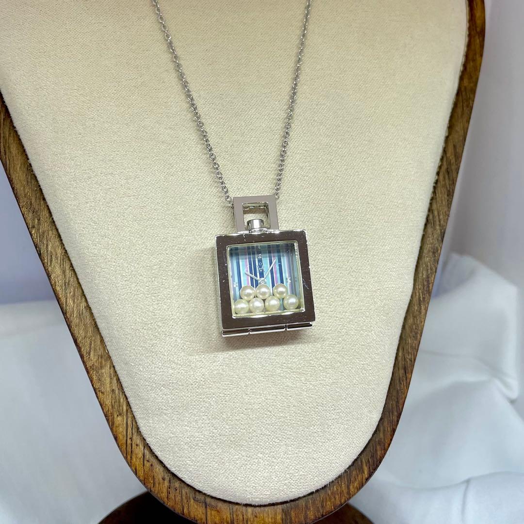 39 ミキモト 7Pパール マルチカラー ストライプ ペンダントウォッチ 稼働品