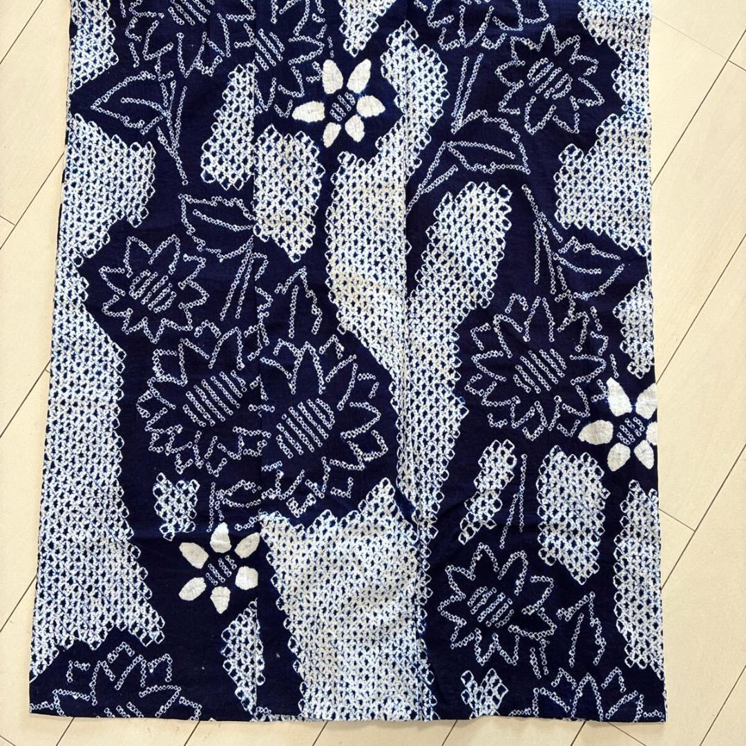 ■E4664■美品■木綿■藍染　有松鳴海絞り　縞に花柄　浴衣■丈166　裄丈67