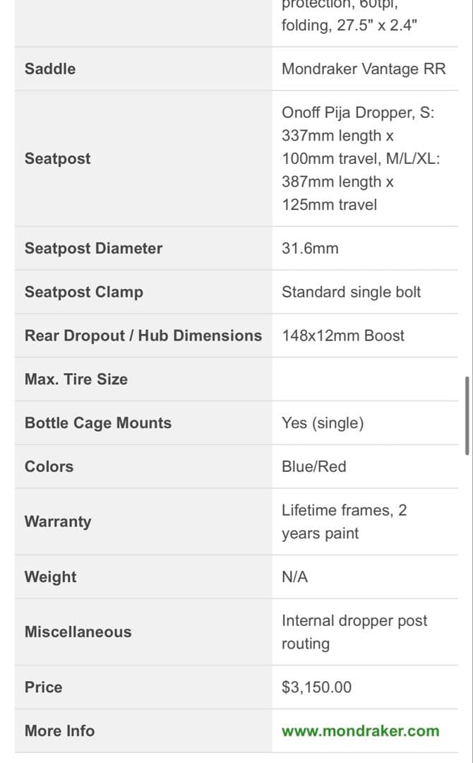 Mondraker Vantage RR 2018 マウンテンバイクフレーム