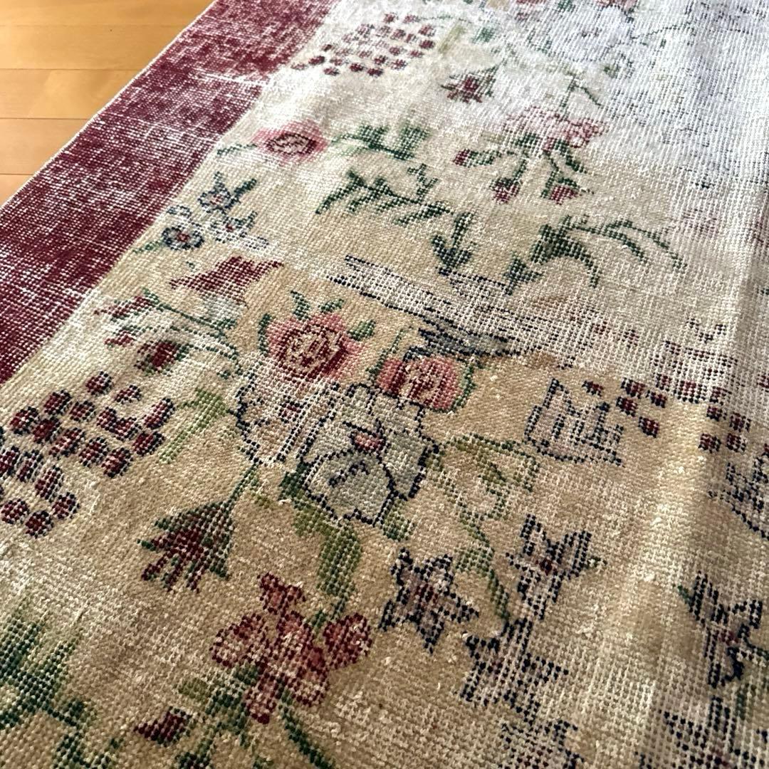 111×207 擦れシャビー　幸せな青い鳥　トルコヴィンテージラグ