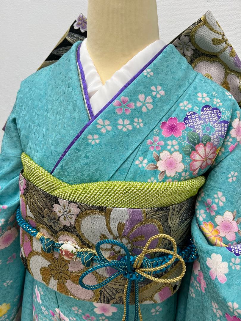 振り袖　フルセット　長襦袢付　ブルー　成人式　金彩加工　刺繍入り　銀通し　754