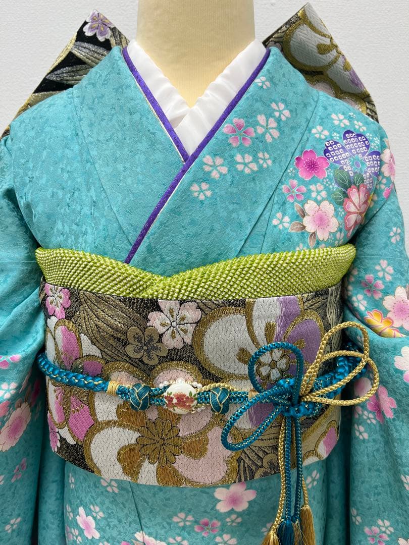 振り袖　フルセット　長襦袢付　ブルー　成人式　金彩加工　刺繍入り　銀通し　754