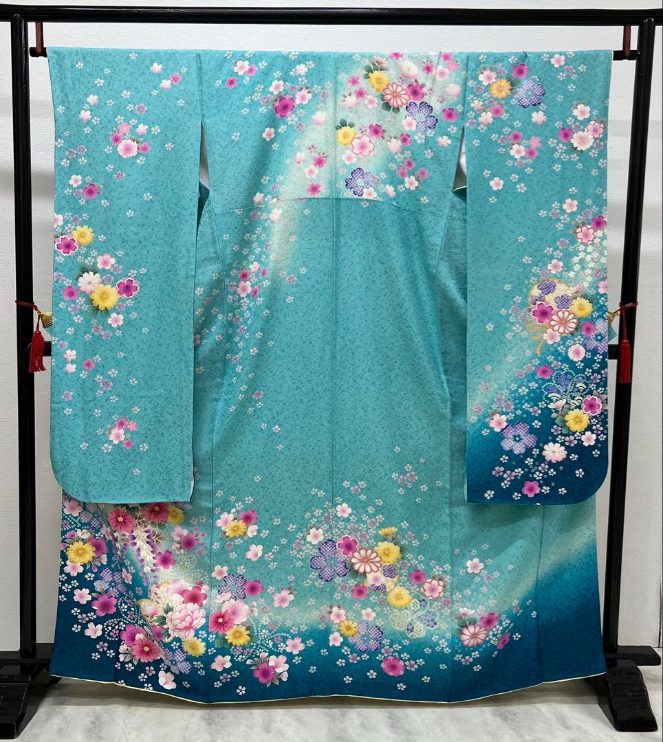 振り袖　フルセット　長襦袢付　ブルー　成人式　金彩加工　刺繍入り　銀通し　754