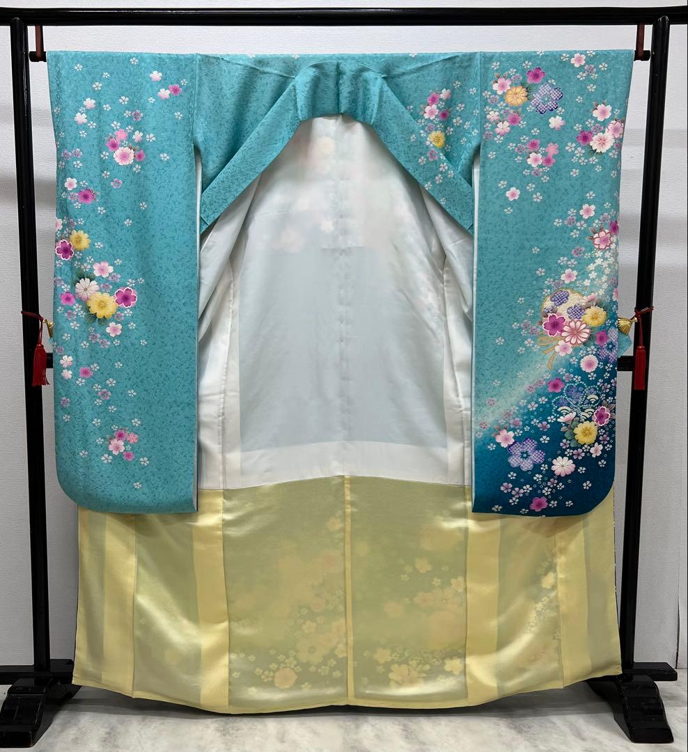 振り袖　フルセット　長襦袢付　ブルー　成人式　金彩加工　刺繍入り　銀通し　754