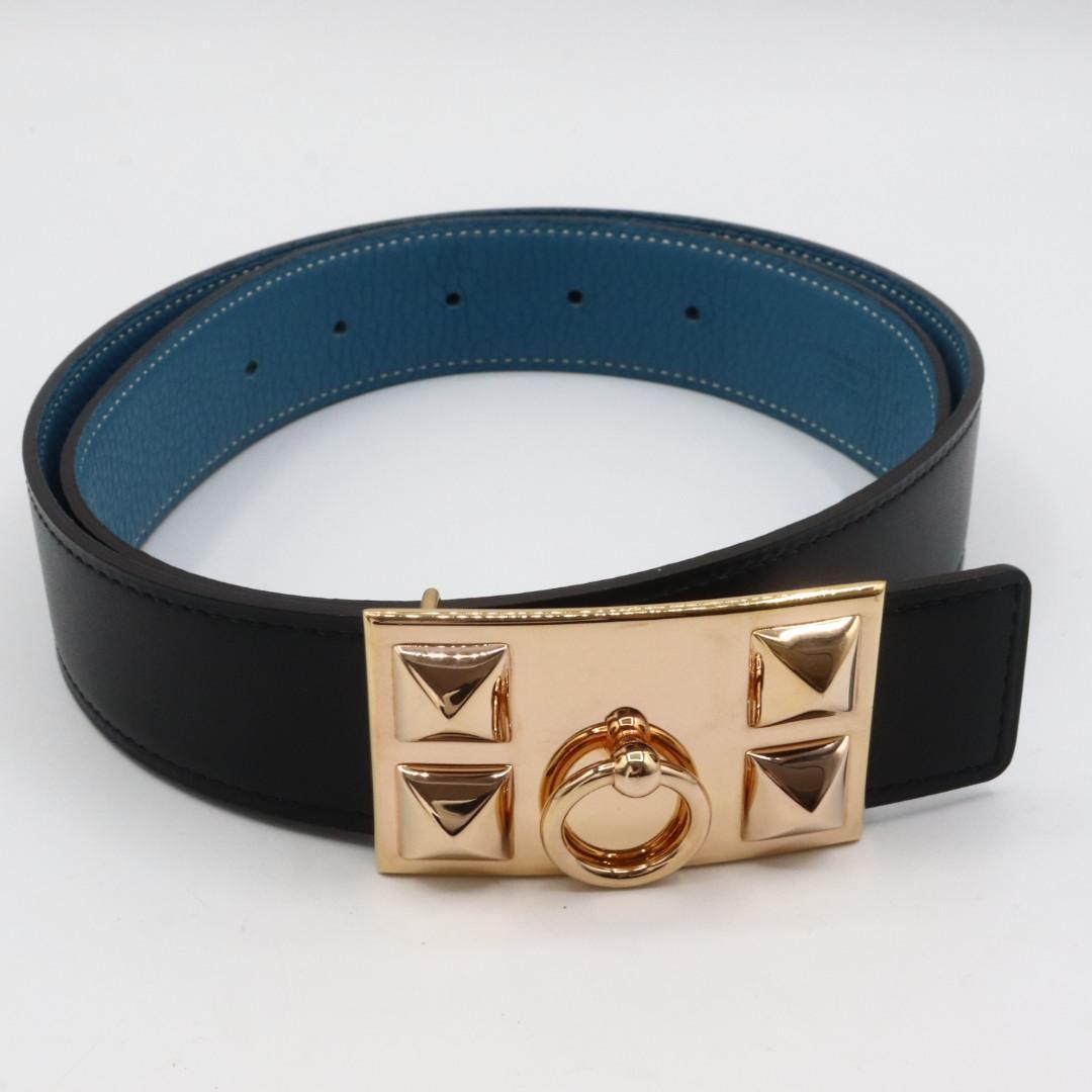 美品　エルメス　コリエドシアン　レザー　ベルト　７５　ブラック　ブルー