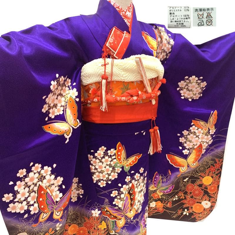 510ag8■七五三 七歳 女児 着物&開き帯&長襦袢 蝶 菊 花丸文■美品