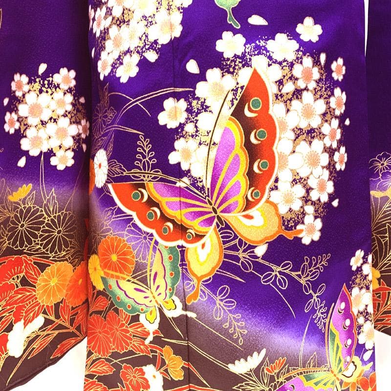 510ag8■七五三 七歳 女児 着物&開き帯&長襦袢 蝶 菊 花丸文■美品