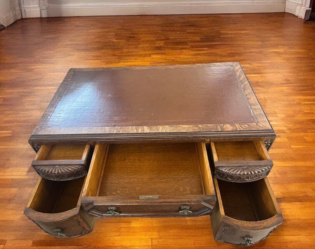 英国 アンティーク家具 デスク オーク 大型 真鍮 レザー張り