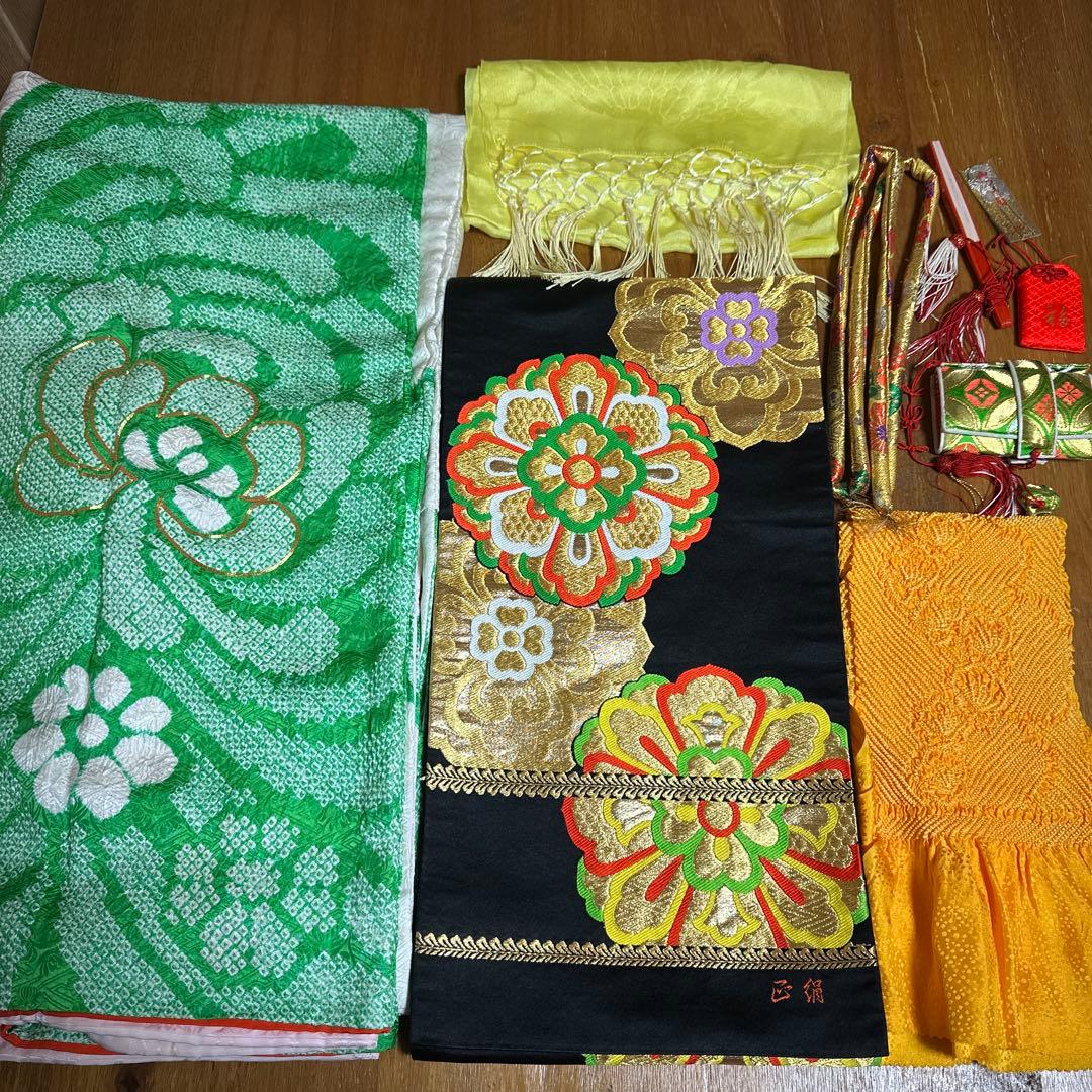 七五三　7歳　正絹絞り着物　袋帯　小物セット　 比翼仕立て着物　18ー1