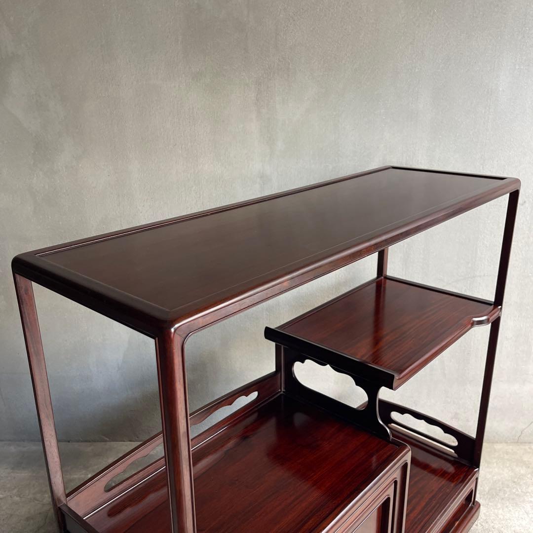 唐木指物 縞黒檀 総無垢 茶棚 煎茶棚 違い棚 飾り棚 和モダン H83cm