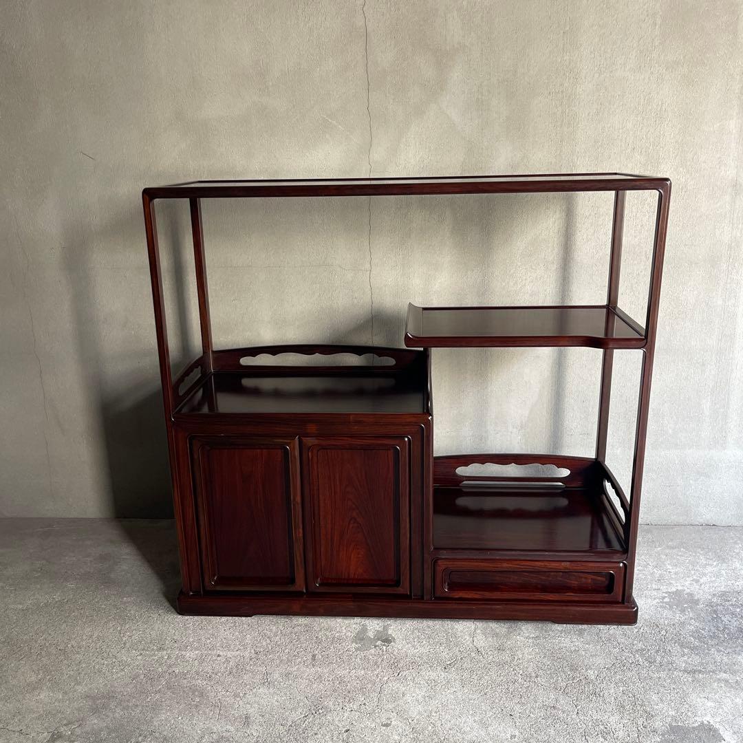 唐木指物 縞黒檀 総無垢 茶棚 煎茶棚 違い棚 飾り棚 和モダン H83cm