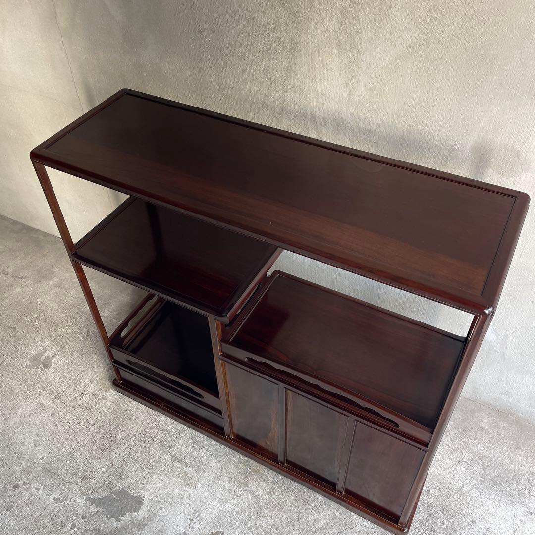 唐木指物 縞黒檀 総無垢 茶棚 煎茶棚 違い棚 飾り棚 和モダン H83cm