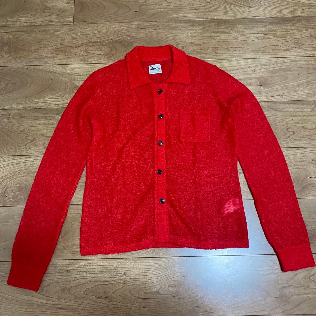 美品【HOWIE】ポロニットカーディガン レッド モヘヤ混 フリー